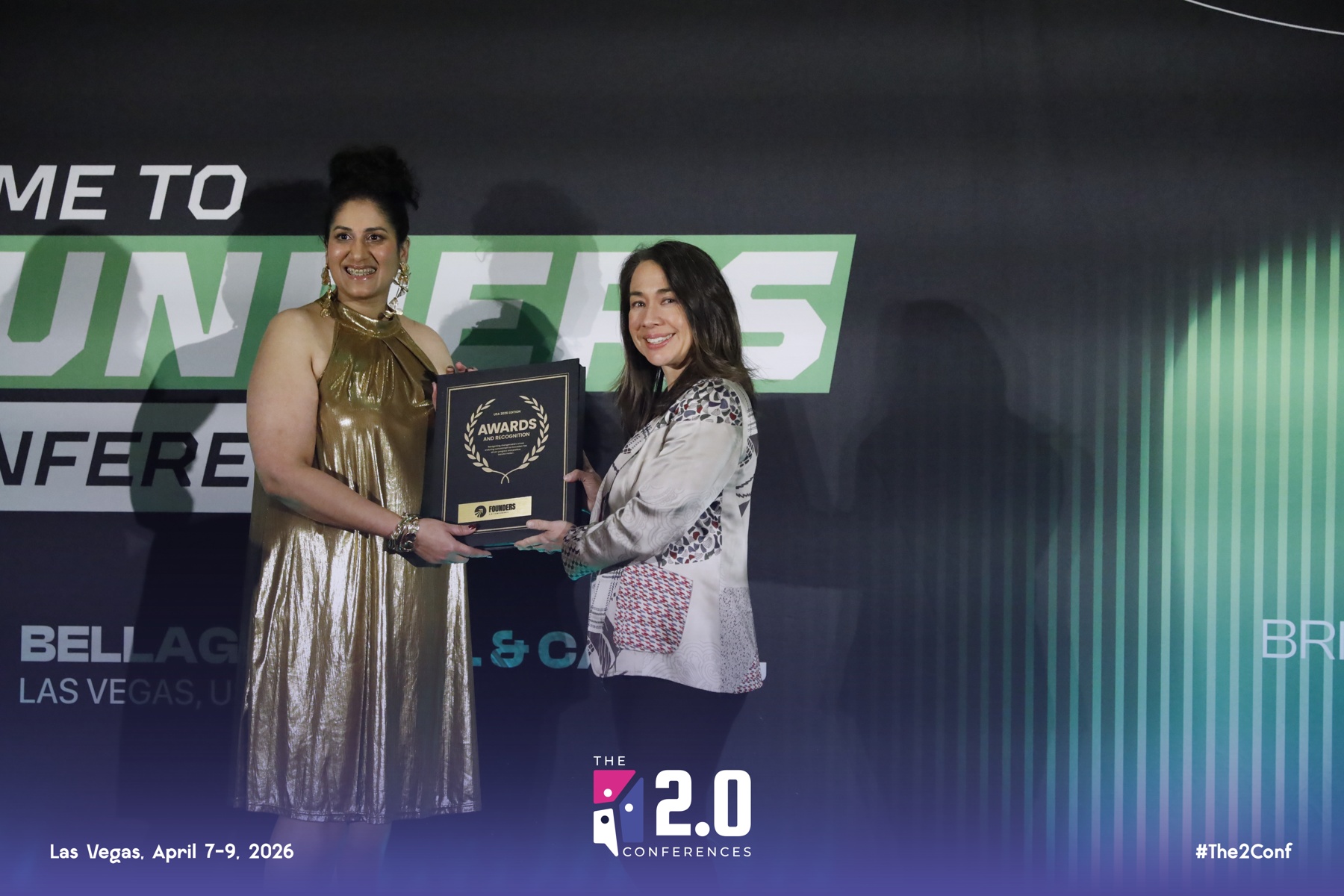 Deepikha Nayyar receiving Entrepreneurial Excellence Award at Founders 2.0 Conference, Bellagio Las Vegas, April 2026
